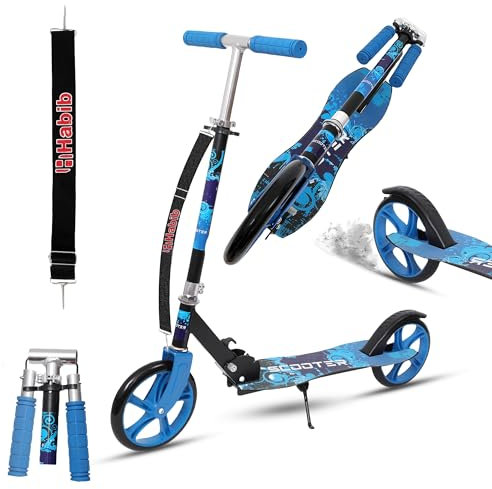 Habib Gruppe Kickroller Kinderroller – Klappbar, 4-Stufig Höhenverstellbar, XXL Räder, bis 80kg Belastbar, Tretroller Kickscooter Cityroller für Groß und Klein - Blau