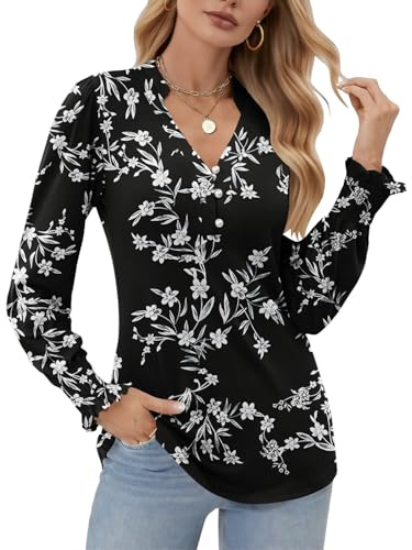 Cuptacc Pull Femme Chic et Élégant Manche Longue Floral Blouse Henley Chemisier Ample Tunique Tops Noir Blanc Bambou Floral, XL 46-48