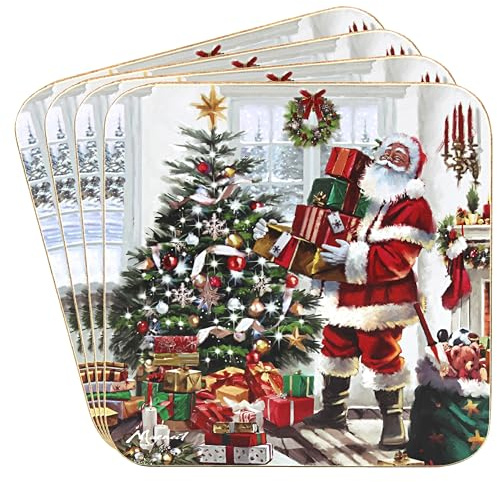The Leonardo Collection Santa Coasters – Set of 4 For Home & Office | Stylish Drink Mat For Kitchen & Dining | Durable Drink Coasters For Tabletops | Decorative Home Accessories for Drinks