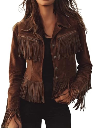 Generisch Giacca in pelle da donna con frange, in camoscio, hippie cowboy, giacca invernale con nappa, corta, in ecopelle, attillata, elegante, per le mezze stagioni, da cowgirl