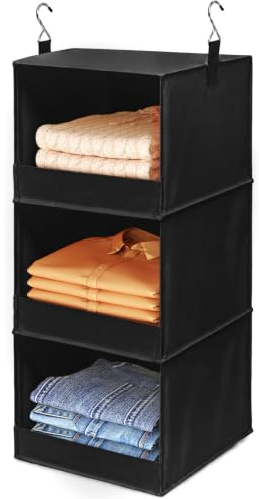 Lifewit Hanging Wardrobe Storage Organiser for Clothes, Collapsible | 3 Shelf Hanging Wardrobe Organisers with 2 Metal Hooks, Portable, Vertical, for Travel, Black, 1 Pack