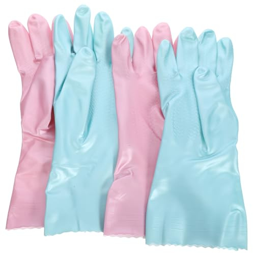 SHINYPASING 2 Pairs Medium Waterproof Rubber Cleaning Mittens Thickened Kitchen Dishwashing Gloves for Household Laundry and Dish Cleaning, Blue and Pink