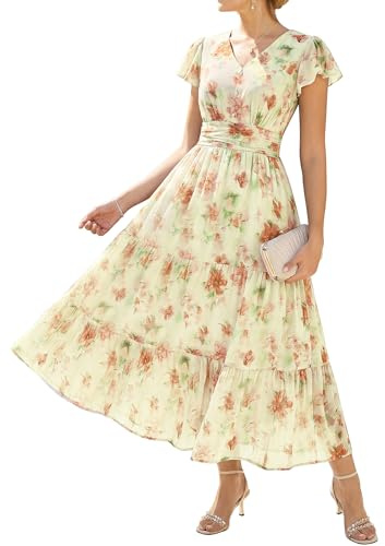 Grace Karin - Abito midi da donna con scollo a V, maniche con volant, linea A, floreale, estivo, con tasche, XL