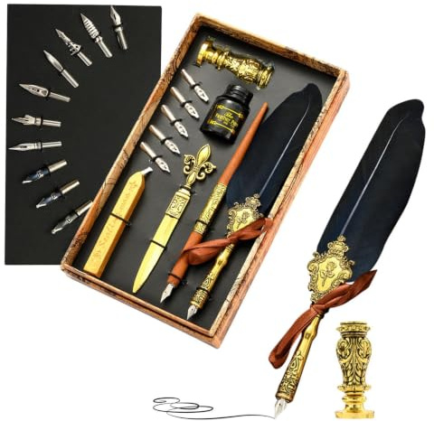 Vintage Quill Pen Set | Antik fjäderpenna för att skriva | Fjäderpennaset | innehåller fjäderpenna, bläck, ersättningsspetsar, vaxtätningsstift