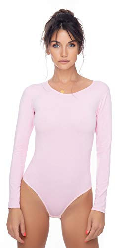 Evoni Damen Body langarm I blickdichter Bodysuit mit Rundhals für Frauen I Langarmbody in verschiedenen Farben I Body Shaper aus Baumwolle I Jumpsuit XL Babyrosa