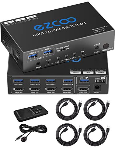 ROFAVEZCO HDMI KVM Switch USB 3.0 4 Porte Hotkey 4K 60Hz 18Gbps Condividi 4 Computer con una Tastiera e Mouse HDR Dolby Vision HDCP2.2 Telecomando Nero