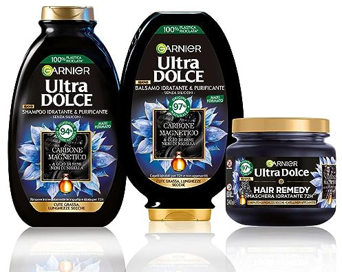 Garnier Ultra Dolce Routine Completa Carbone Magnetico, Kit con Shampoo, Balsamo e Maschera, Per Cute Grassa e Lunghezze Secche, Senza Siliconi, 300 ml + 250 ml + 340 ml