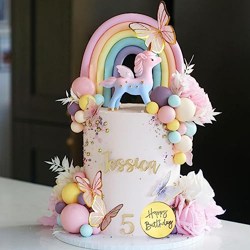 47 PCS Unicorn Cake Topper Unicorn Rainbow Cake Decorations with Rainbow Butterflies Unicorn Balls Happy Birthday Cake Decorations (Style 2)