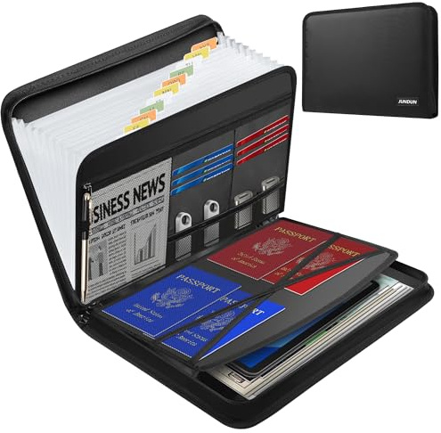 JUNDUN Accordion File Organizer - Fireproof Accordion Folder with Zipper & Labels - 13 Pocket Expanding File Folder with Multi-Pockets Document Organizer Folder for Letter A4 Files | Receipt and More