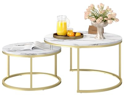 Ginhow Couchtisch Marmor Optik | Satztische fürs Wohnzimmer | ø 80 + 60 Groß Tisch Rund | MDF Coffee Table | Weiß Marmoroptik und Gold Stahl Gestell
