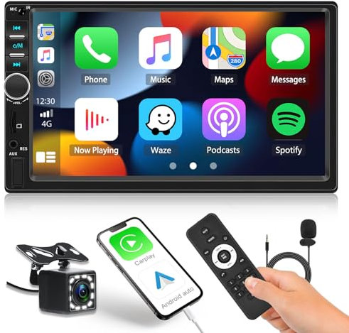 Autoradio 2 Din avec Wired Carplay/Android Auto, écran HD 7 Pouces avec Fonction Bluetooth Mains Libres, Mirror Link, Radio FM/USB/AUX/TF + Caméra de recul et Commandes au Volant
