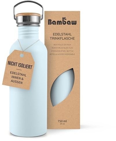Bambaw Metal Water Bottle 750 ml, Light Blue Sports Bottle, Non-Insulated Water Bottle, Stainless Steel Bottle 750 ml, Stainless Steel Bottle – Nordic Blue