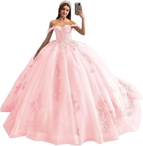 Yifanier Söta 16 Quinceanera-klänningar balklänningar tyll balklänningar glittrande spets pärla kvinceanera klänningar tyll 3D blommor fluffiga balklänningar glittrande spetsklänningar MT003, Rosa, 40
