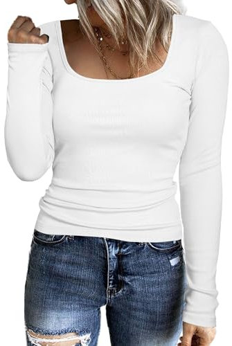 Aottori Damen Langarmshirt Stretch Pullover mit Eckigem Ausschnitt Gerippt T-Shirt Slim Fit Sexy Oberteile Langarm Tops Weiß M