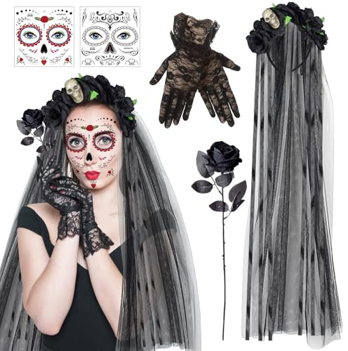 SOETDERT Cerchietto Giorno dei Morti Rose, Costumi Halloween Dia De Los Muertos, Fascia per Il Giorno dei Morti con Tatuaggi Faccia, Donna Costume per Halloween Carnevale Giorno dei Morti Feste