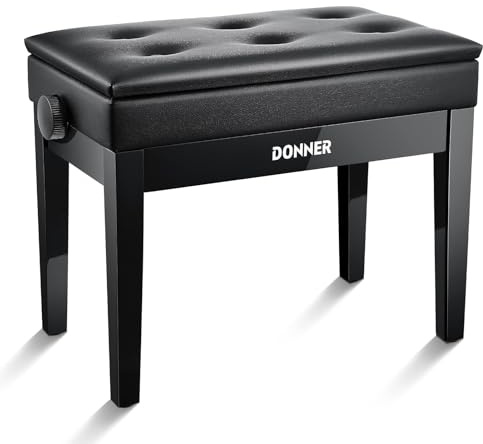 Donner Adjustable Piano Bench with Storage, Solid Wood Keyboard Bench Wooden Piano Bookcase Stool Chair Seat with High-Density Sponges Cushion, Black