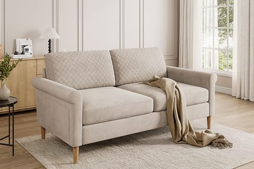 Vesgantti Stoff Doppelsofa 164cm, 2 Sitzer Sofa Beige mit beidseitigen Taschen, Sofa mit Kissen Montage ohne Werkzeug für Wohnzimmer, Schlafzimmer, Büro, kleinen Raum 164L*76D*85H cm