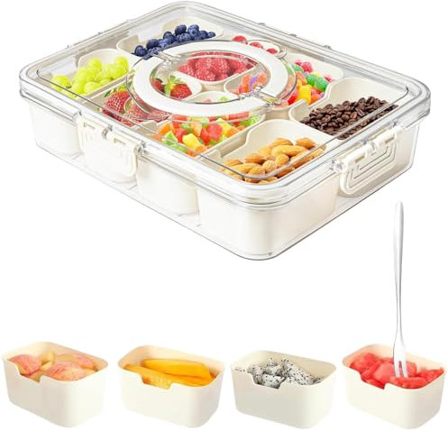 Snackle Box Container, Portable Snack Box 4-8 Compartment Divided Serving Tray with Lid and Handle, Clear Storage Organizer for Fruit Candy Nuts Veggie - Perfect for Road Travel Party (8 Compartments)