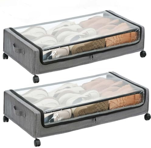 FOUCSSOMEI Contenitori sotto il letto con ruote, confezione da 2, contenitori con coperchi trasparenti e ruote bloccabili, cassetti sotto il letto per vestiti, dimensioni XXL, scarpe, coperte