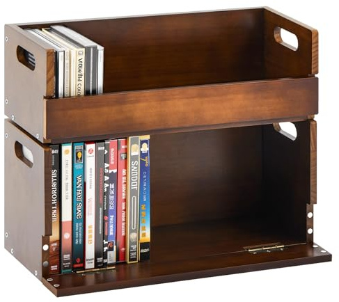 CroBlissful 2 Set Wooden DVD and CD Storage Box Cassette Tape Display Stand Holder Rack with Carrying Handle, Organizer Shelf for Movie Cases, Each Can Store up to 36 CDs and 26 DVDs (Brown)