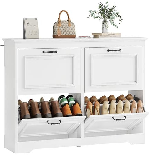 Brinlawb Schuhschrank Weiß Schuhkipper mit 4 Klappen, Schuhkommode Schuhregal mit Trennwände verstellbar und abnehmbar, für 18-24 Paar Schuhe, Schuhschrank Holz für den Eingang, Flur, Wohnzimmer Weiß