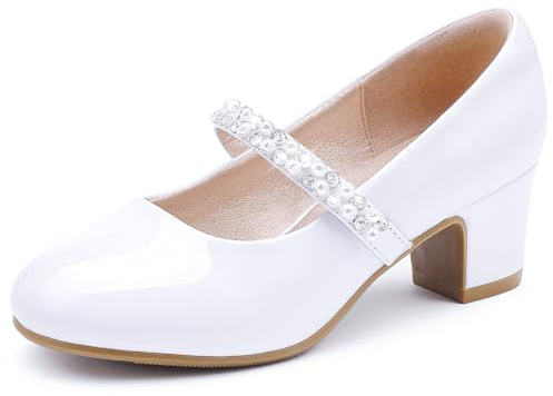 LAURMOSA Chaussures Princesse Fille Chaussure Talon Enfant Fille Mary Jane 32 Chaussure Princesse Talon Blanc Perles Mariage Anniversaire Festivité Église Pâques Première Communion (FRL1039PaWhite 2)