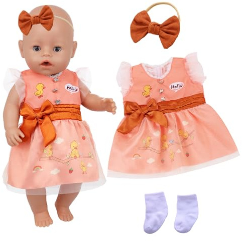 Doll Clothes for 14-18 inch Baby Dolls, Orange 35-45 cm Sweet Baby Doll Outfits with Orange Duck Tulle Dress Hairband with Bow Socks 43 cm Cute Doll Clothes, New Dolls Clothes Children Gifts