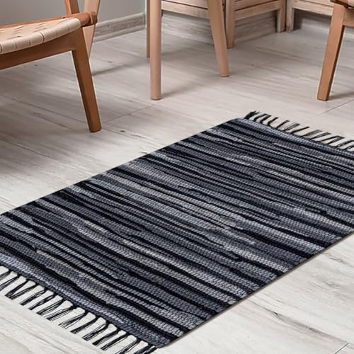 CottonCove Cotton Chindi Rug - Boho Rustic Area Accent Throw Rug - Area Floor Carpet for Bedroom Living Room Kitchen Dorm Entryway Hallway - 20x32 inch Hand Woven Reversible Area Rug Black Multi