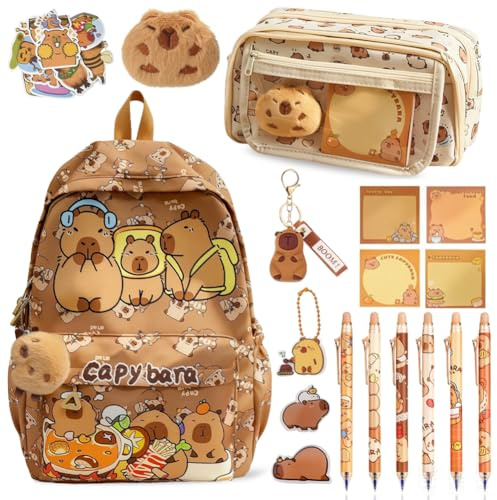 Vexthorion Capybara Backpack Set with Pencil Case, 6 Erasable Gel Pens, Plush Toy & Keychain – Kawaii School Bookbag for Kids, Large Capacity Rucksack Cycling Parts Riding Water
