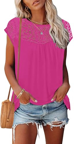 WNEEDU Camiseta de verano para mujer, encaje, manga corta, cuello redondo, básica, blusa elegante, fucsia, XL