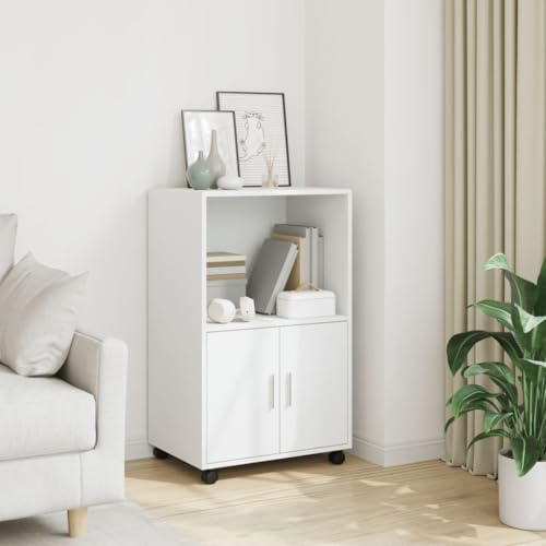Mokuyary Rolling Cabinet White 55 x 40 x 91 cm Wood Material Rolling Container, Mobile Filing Cabinet with Wheels, Office Container, Side Table for Living Room, Office