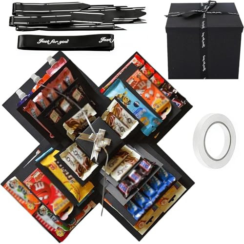 5 Layer Creative Explosion Gift Box, Snack Explosion Box with Ribbon and Double-Sided Tape, Exploding Gift Box, DIY Surprise Box for Birthdays, Valentine's Day, Wedding, Anniversaries (Black)