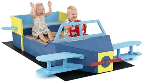 COSTWAY Caja de Arena para Niños, Arenero Infantil de Madera de Abeto con Forma de Planeador, Banco Asiento, Base Abierta y Forro Inferior, Juguete Arenero para Playa Patio Jardín Niños de 18+ Meses