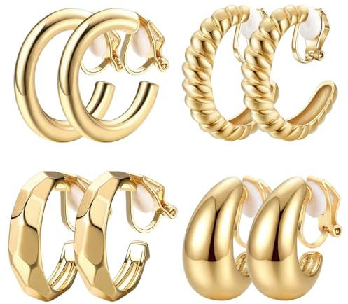8 Pieces Gold Clip on Earrings Women, 4 Styles Clip on Hoop Earrings, Elegant Gold Ear Clips Non Pierced Clip on Earrings for Women Daily Party Wear