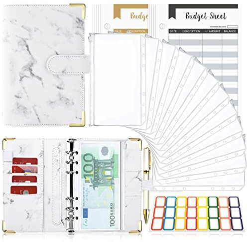 Carpeta de Cuaderno A6, 26pcs Cubierta de Hojas Sueltas de Cuero de PU con 12 bolsas de color transparente con cremallera, Clasificador de presupuesto para Guardar Tarjetas Foto Facturas-Mármol Blanco