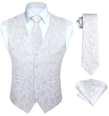 Enlision Homme Gilet Paisley Floral Jacquard avec Cravate et Poche Mouchoir - Costume Ensemble pour Mariage Business Party - Bianco 2XL