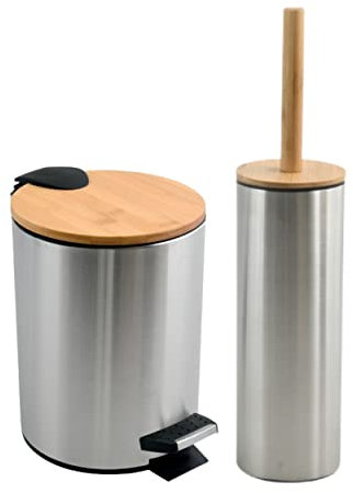 spirella Adonis - Set da bagno, 2 pezzi, secchio per cosmetici, 3 litri, con abbassamento automatico e spazzola per WC, in acciaio inox, bambù, con spazzola in silicone, colore: argento
