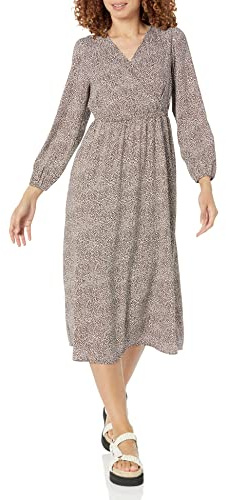Amazon Essentials Robe midi légère en Georgette à Manches Longues avec col en V (Disponible en Grande Taille) Femme, Marrón Espresso Léopard, M