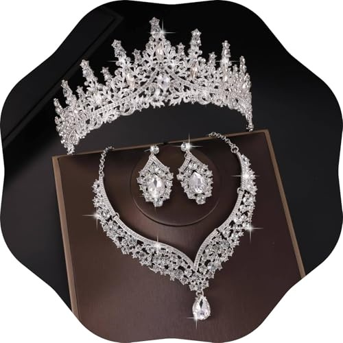 Kamirola Tiaras and Crowns for Women,Tiaras Earrings Necklace, Crystal Bridal Jewelry Set, Costume Party Halloween Prom Pageant Costume Jewelry for Women(TR28) (Silver)
