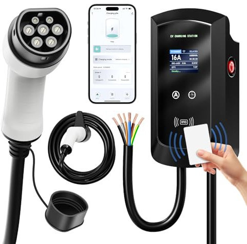 AFYEEV Borne de Recharge pour Véhicules Electriques, Cable Recharge Voiture Electrique, 11kW Triphasé 5M, Contrôle RFID, WiFi et APP, 8-16A Station de Charge Standard IEC 62196-2 pour Ménage