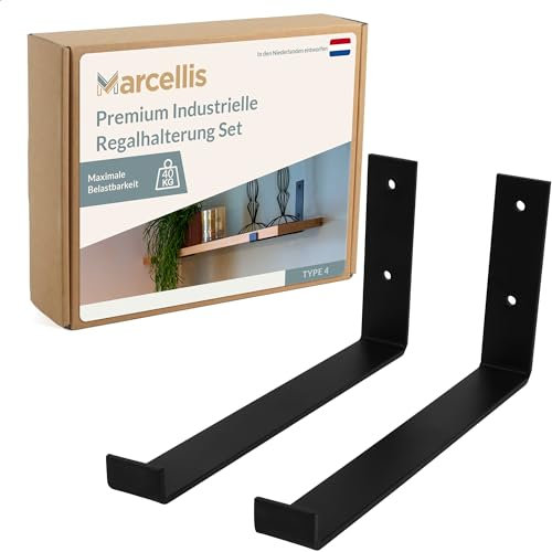 Marcellis Premium Regalhalterung XL für 30 cm breite Bretter, Matt Schwarz, 2x Industrielle Regalhalterungen (40 kg Tragkraft) - Hochwertige Verarbeitung und Montagematerial - 15x4x30,2 cm (HxWxD)