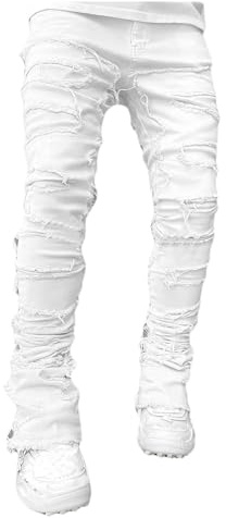 Dressnu Jeans - Pantalones rectos elásticos rasgados para hombre, diseño rasgado, Blanco, X-Large