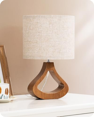 EDISHINE Lampada da Comodino con Paralume in Lino e Base in Legno Massiccio Color Rovere Medio, Lampadina LED E27 4W Inclusa, 2700K, H34 cm, Ø21 cm, Lampada da Tavolo Moderna per Soggiorno, Camera