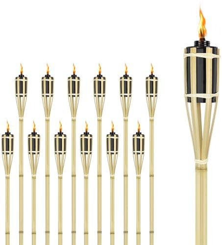 FIVMEN Fackeln 12 Stück Gartenfackel aus Bambus 90cm Ölfackeln mit Docht Fackel für Draußen Wanderung Party Garten