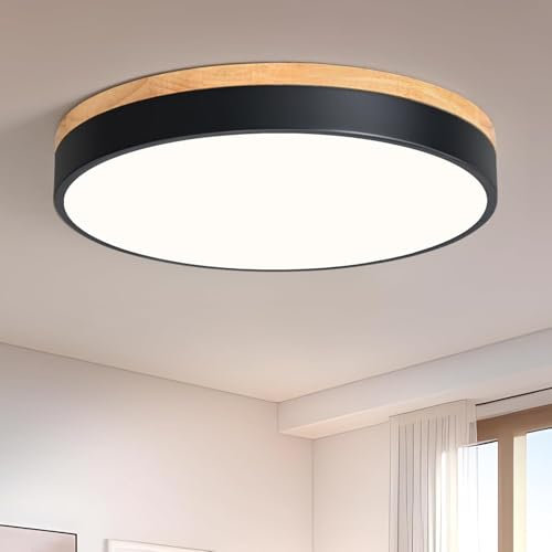 Vikaey Modern Ceiling Lights, LED Black Wood Bedroom Light 4000K, 36W Flush Ceiling Lamp for Living Room Kitchen Bathroom Hallway Dining Room Lounge, 15.75in