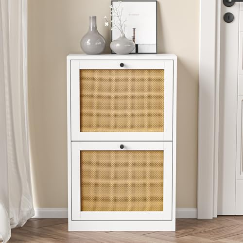Skokliz White Rattan Shoe Cabinet, Wooden Shoe Rack with 2 Flip Drawers, Freestanding Narrow Shoe Organiser 2-Tier Shoe Storage Cabinet for Hallway Entryway Bedroom