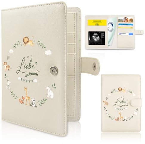 Mutterpasshülle Leder, Mutterpass Organizer Mit Magnetverschluss, Geschenke für Schwangere, Mutterpass Schutzhülle mit Fächern zur Aufbewahrung von Ultraschallbildern und Impfpass usw (Tiere im Kreis)