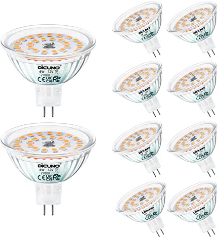 DiCUNO GU5.3 6 W varmvita LED-lampor MR16 ersätter halogenlampor på 60–70 W, 2 700 K, 530 lm, 12 V DC, 12 V DC, 120° belysningsvinkel, för infällda spotlights, dimbar, ingen dimbar