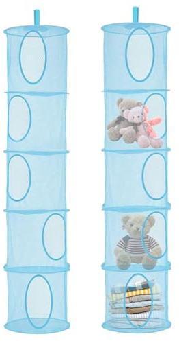 Hängeaufbewahrung, 2 Stück Faltbare Hängeaufbewahrung Organizer, 5 Fächer Hängeregal Mesh Hängende Netz-Aufbewahrungstasche, Kuscheltier Aufbewahrung Hängend Korb für Kinderzimmer Balkon(Blau)