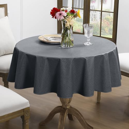 Romanstile Mantel Redondo de Hule PVC Gris con Textura Tipo Lino y Ribete Reforzado, Antimanchas, Impermeable y Duradero, 120 cm, Apto para Mesa Redonda de balcón, Cocina, Comedor, Exterior y Pascua